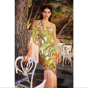 NWT Farm Rio one shoulder fringe macaw parrot leaves midi dress
